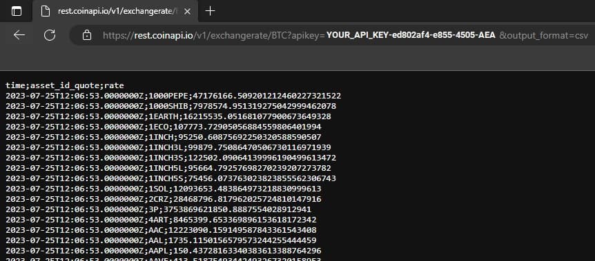 Address bar with exchange rate formatted to csv