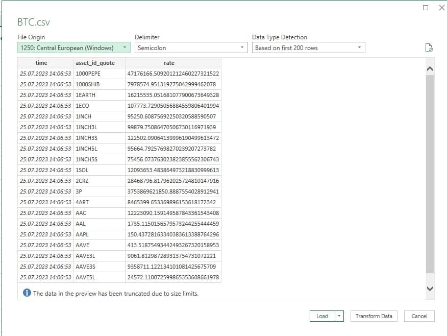 Import Text/CSV preview window